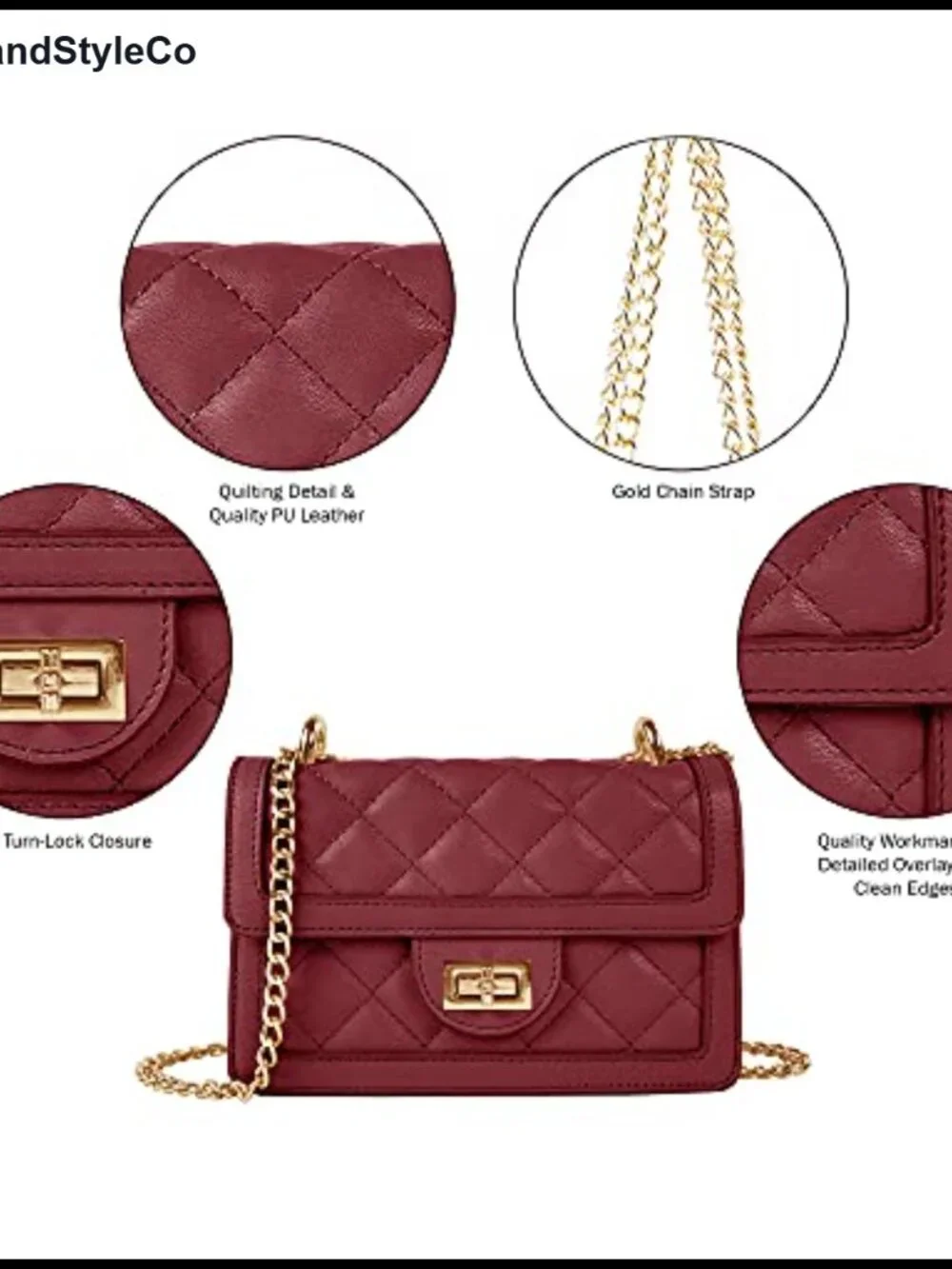 Quilted Vegan Leather Crossbody Bag with Gold Chain Strap, Small Designer